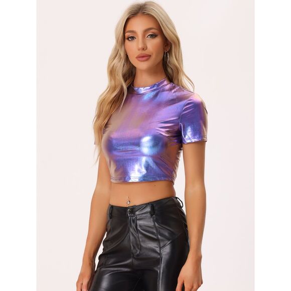 Sparkle Party Tops Short Sleeve Mock Neck Metallic Crop Top Blue - Picture 2 of 6